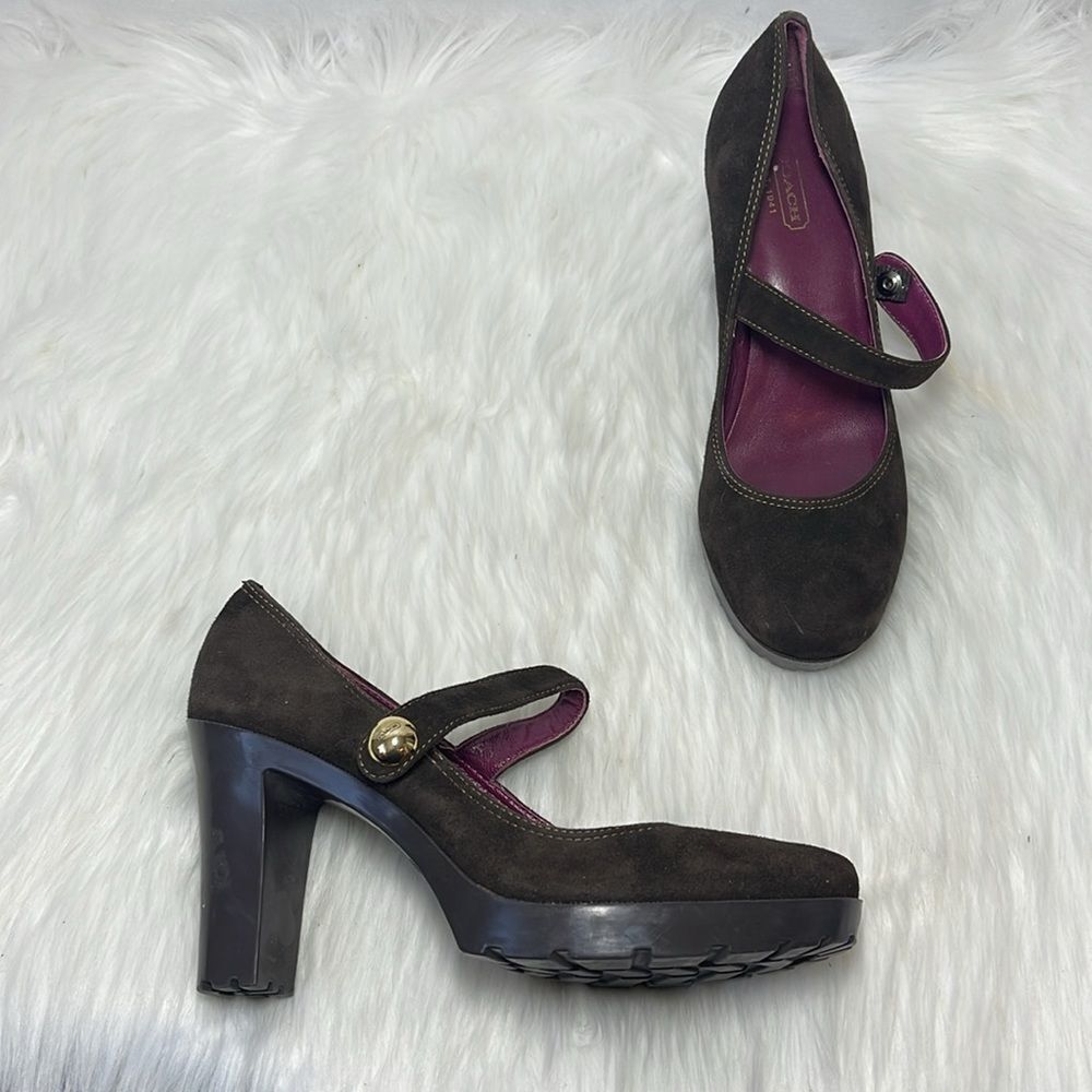 Coach Lilas Brown Suede Platform Mary‎ Jane Heels Sz 7.5